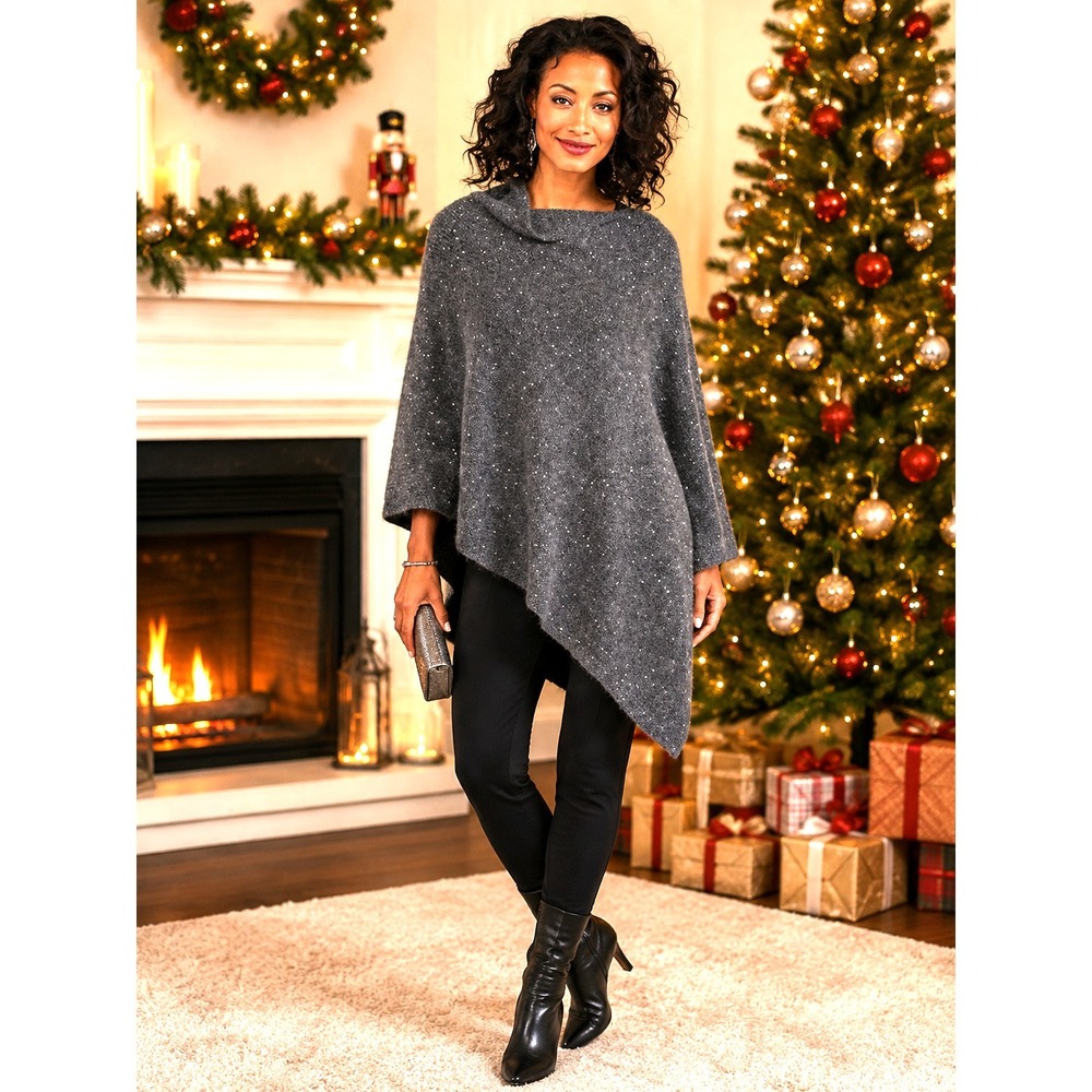 Eileen Fisher Gray Mohair Alpaca Wool Sequin Asymmetric Poncho One Size Dust Bag